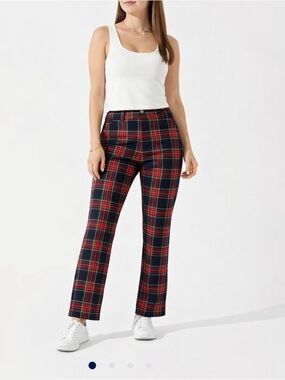 Zara Navy and Red Plaid Straight-Leg Pant Size Small